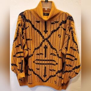 Vintage 70's Women's LeRoy Burnt Orange & Navy Patterned Turtleneck Sweater XL